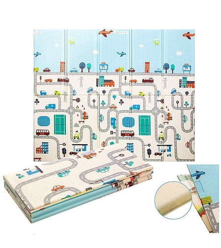 Covoras pentru Copii, Flippy, cu 2 Fete, Model Trafic/Girafe, din XPE+PE, Impermeabil, Antiderapant, Protectie Termica, +3 Luni, Pliabil, 180 x 200 x 1 cm, Multicolor