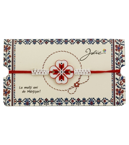 Martisor Traditional Bratara Norocoasa, Jolie, Model Trifoi Port Traditional, Bratara Martisor pentru Copii, din Plastic/Textil, Snur Rosu/Alb