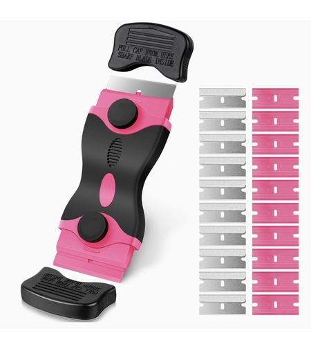 Racleta Multifunctionala pentru Curatare Sticla si Ceramica, Flippy, Design Ergonomic, Maner Anti-alunecare, Include 20 de Lame de Schimb, 12,5 x 4,5 cm, Roz