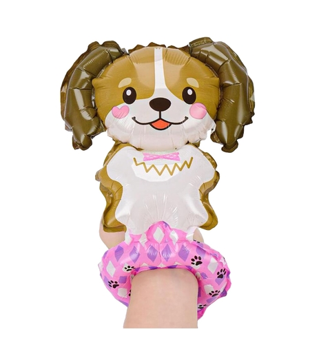 Balon din Folie Metalizata, Vafy, Figurine Animalute, Tip Bratara, Model Catel, 13 x 35 cm, Ambalaj Individual, Pai Inclus, Umflare cu Aer sau Heliu, Maro