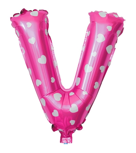 Balon Folie Metalizata Litera V, Flippy, 40 cm, Cu Imprimeu Inimioare, Umflati cu Heliu sau Aer, Ambalaj Individual, Pai inclus, Roz