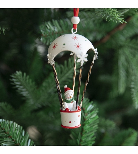 Figurina pentru Brad de Craciun, Flippy, Model Om de Zapada in Balon cu Aer Cald, Ornament pentru Brad, din Metal, 11 x 5.5 x 5.5 cm, Alb