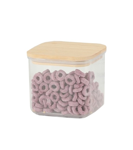Cutie de Depozitare Alimente, Flippy, Cutie de tip Container, Cutie pentru Cereale, din Plastic, Capac din Bambuc, 10 x 10 x 8 cm, Volum 0.5 L, Transparenta