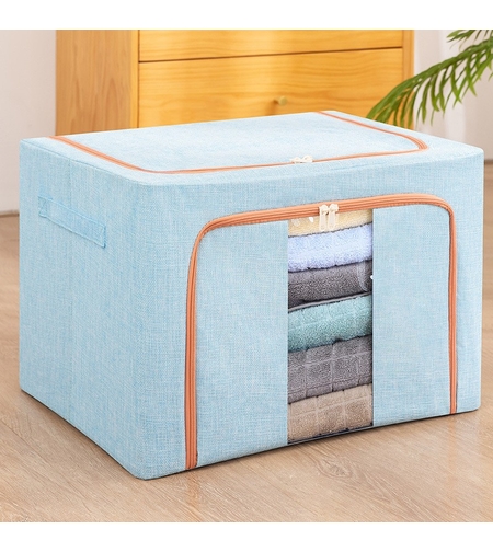Cutie de Depozitare Pliabila, Flippy, 24 L, din Bumbac si In, 40x30x20 cm, Fereastra Frontala, 2 Usi de Acces cu Fermoar Bidirectional, Cadru Metalic, Suport Baza Stabil din Plastic, Bleu