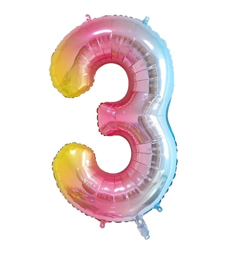 Balon din Folie Metalizata Gradient Flippy, Figurina Cifra, Tema Aniversare 100 cm, Ambalaj Individual, Pai inclus, Umflare cu Aer sau Heliu, Multicolor, Cifra 3