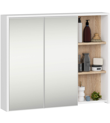 Dulap de baie suspendat cu oglinda, 2 usi si 3 rafturi interioare, PAL 16 mm, 90x15x75 cm, alb si stejar sonoma