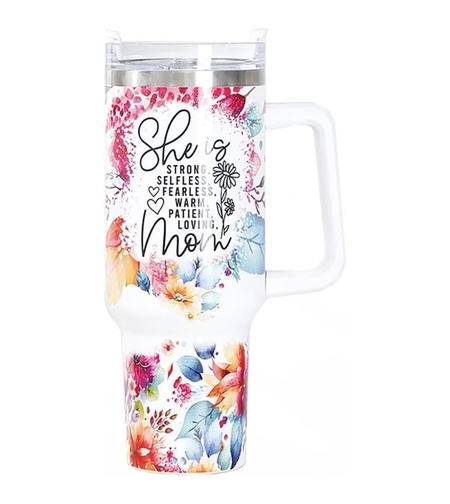 Cana Termos din Plastic, Flippy, pentru Bauturi Calde si Reci, cu Maner, Imprimeu Floral, cu Mesaj pentru Mama, Alb, 10x7.6x27.5 cm
