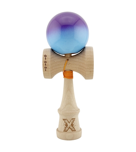 Kendama X Originala, Profesionala, Flippy, Big Cups V2, Super Sticky cu Cupe Mari, din lemn 18 cm, Rulment Metalic cu Ata 55 cm, Mov/Albastru