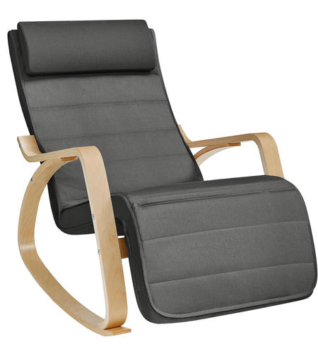 SONGMICS Scaun balansoar din lemn, suport picioare reglabil, maxim 150kg, 67x122x84 cm, gri inchis