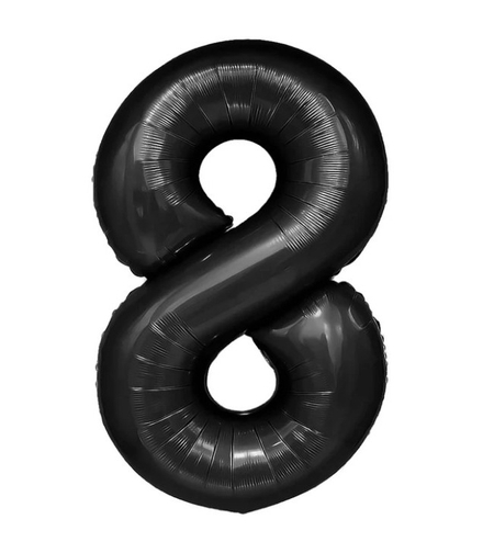 Balon din Folie Metalizata, Flippy, Figurina Cifra, Tema Aniversare 80 cm, Ambalaj Individual, Pai inclus, Umflare cu Aer sau Heliu, Negru, Cifra 8