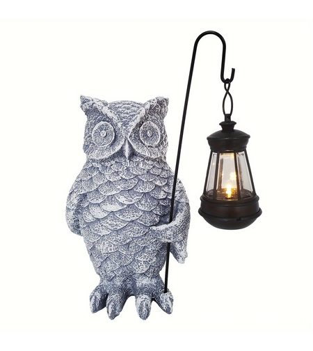 Ornament de Decor pentru Gradina cu LED, Flippy, Model Bufnita cu Felinar, Decoratiune Exterioara pentru Casa si Gradina, din Rasina, 21.5x15 cm, Gri