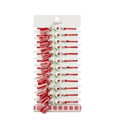 Martisor Bratara cu Ciucure pentru Dama, Jolie, Model Floare Alba, Set 12 bucati, Pandativ din Inox, Snur Reglabil, Rosu/Alb