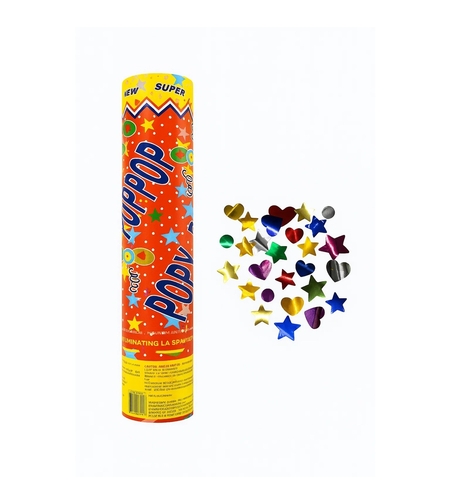 Tun de Confetti, Flippy, Party Popper 40 cm, Model Stelute, Inimioare, Paiete Lucioase, 3 cm Diametru, Multicolor