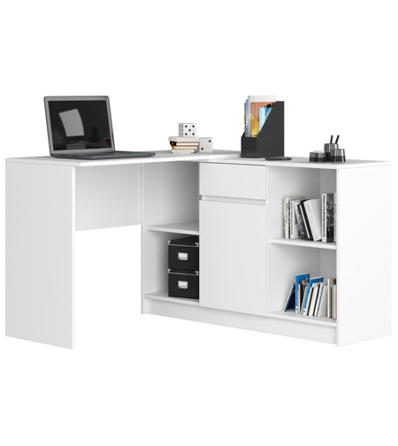 Birou de colt cu sertar, usa si 6 rafturi, PAL laminat 16 mm, 120x126x79 cm, alb