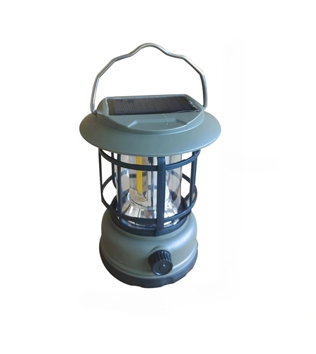 Lampa portabila camping, Felinar Vintage, ABS, Iluminare 30 COB LED, Intensitate reglabila, Acumulator inclus, Incarcare Solara si USB, 5W, Flippy, Verde
