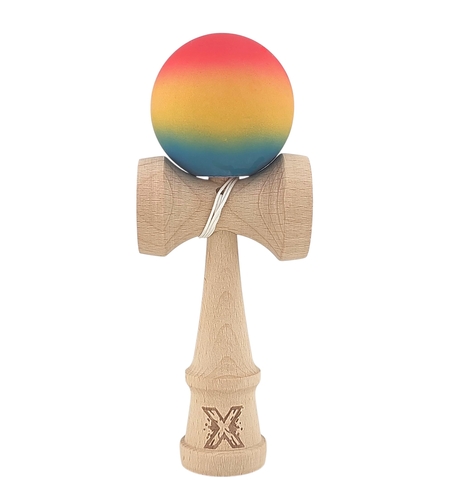 Kendama X Originala, Profesionala, Flippy, din Lemn, Rubber Grip, 18 cm,Rosu/Galben/Albastru