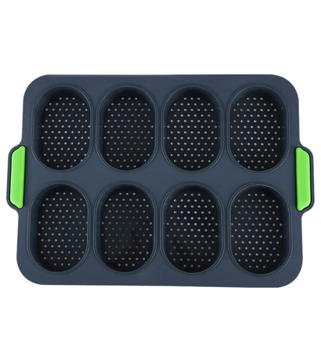 Forme de Silicon pentru Copt, Flippy, 8 Forme Ovale, pentru Paine si Prajituri, 34.5 x 23.8 x 2.5 cm, Negru/Verde