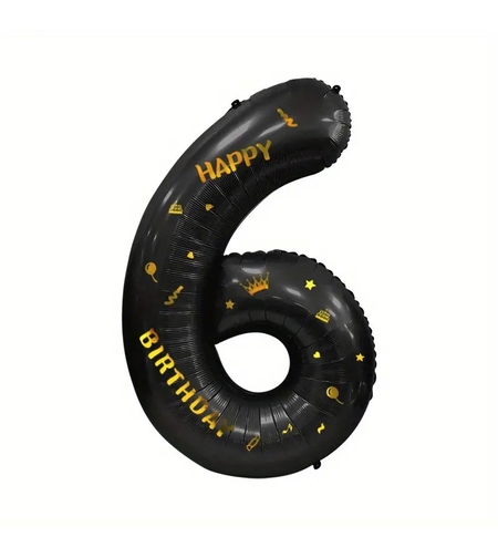 Balon din Folie Metalizata Flippy, Figurina Cifra, Scris Happy Birthday, Tema Aniversare 100 cm, Ambalaj Individual, Pai inclus, Umflare cu Aer sau Heliu, Negru, Cifra 6