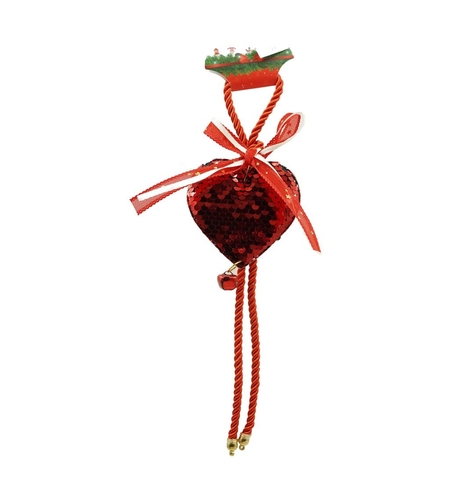 Ornament de brad inima cu paiete, Flippy, rosu, lemn, 25 cm