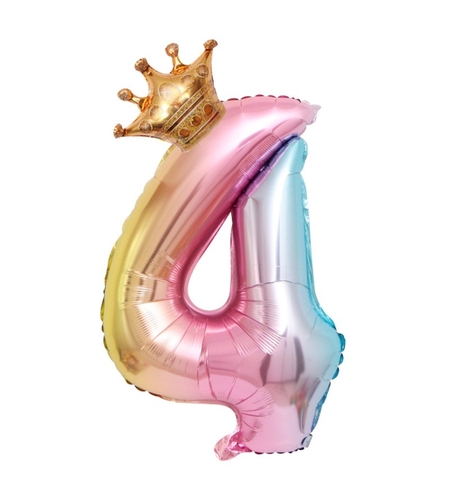 Balon din Folie Metalizata, Flippy, Figurina Cifra Gradient, Tema Aniversare 80 cm, Ambalaj Individual, Pai inclus, Umflare cu Aer sau Heliu, Coronita, Cifra 4