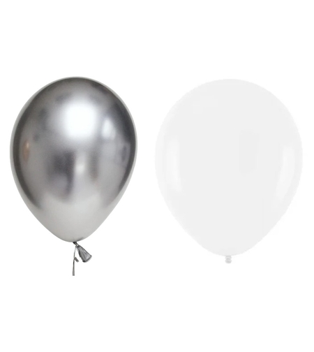 Set 10 Baloane din Latex Metalizate, Flippy, Model Party, Alb, Argintiu, 23 cm, 2.2 g