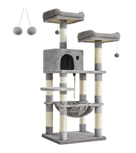 FEANDREA Ansamblu de joaca pentru pisici, tip copac, cu 3 culcusuri si ascunzatoare, 55x45x143cm, gri deschis
