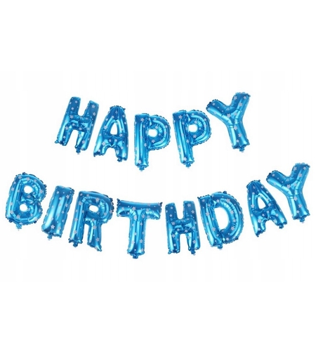 Set Baloane din Folie Metalizata, Flippy, Model Happy Birthday, Litere de 40 cm, Baloane Party, Ambalaj Individual, Pai, Ata si Adeziv Incluse, Umflare cu Aer sau Heliu, Albastru