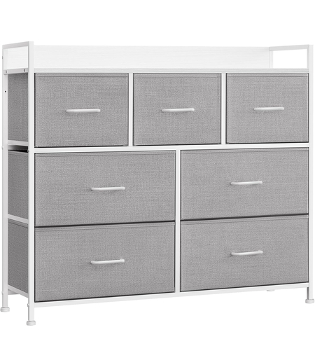 SONGMICS Comoda cu cadru metalic si 7 sertare din stofa, 29x98x85 cm , gri si alb