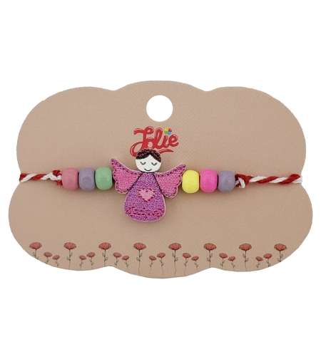 Bratara Martisor pentru Copii, Jolie, Pandativ Ingeras, cu Margele Multicolore, Snur Alb/Rosu, Mov/Multicolor