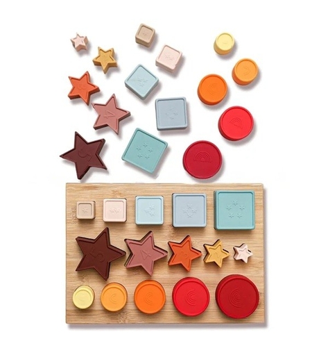 Jucarie Educativa, Flippy, +12 Luni, Tip Montessori, din Lemn si Silicon, Forme Geometrice Stivuibile, 15 Piese, 27 x 19 cm, Multicolor