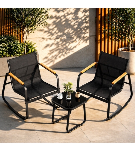 SONGMICS Set mobilier gradina cu 2 scaune balansoar si masa, cadru metalic, negru