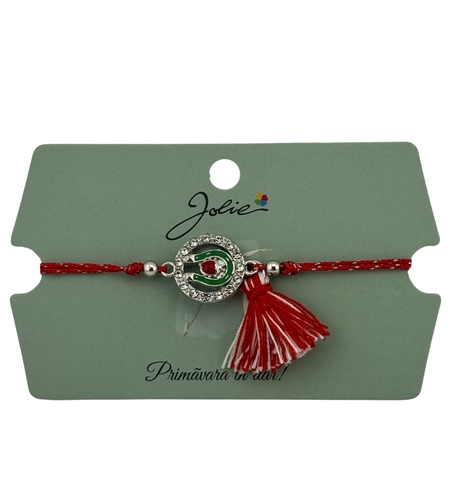 Martisor Bratara Ciucure, Jolie, Snur Rosu Reglabil, cu Pandantiv, Model Cerc Potcoava Buburuza