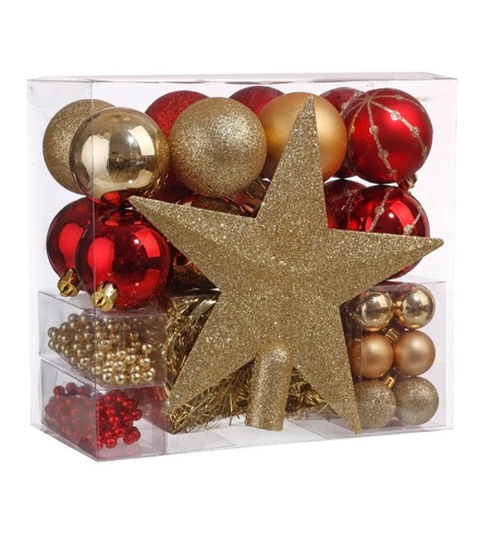 Set globuri decoratiuni brad de Craciun, 44 piese, rosu si auriu