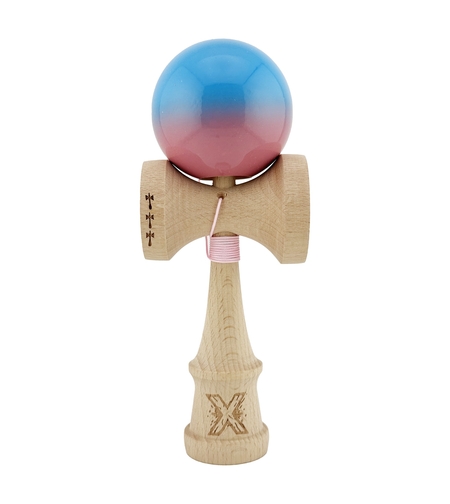 Kendama X Originala, Profesionala, Flippy, Big Cups V2, Super Sticky cu Cupe Mari, din lemn 18 cm, Rulment Metalic cu Ata 55 cm, Albastru/Roz