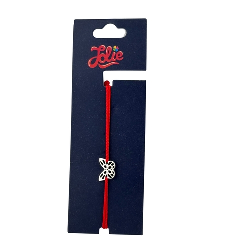 Martisor Bratara din Inox pentru Copii, Jolie, Textil si Inox, Snur Rosu, Model Fluture Plin, Argintiu