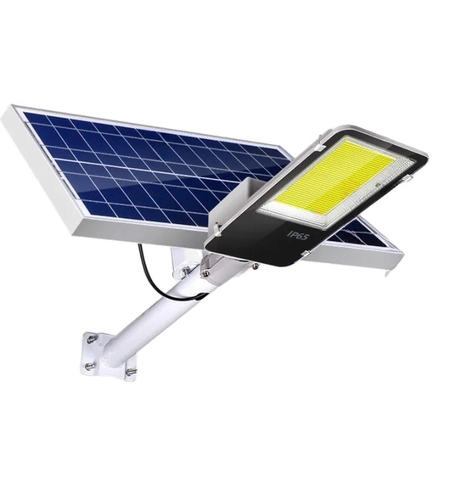 Proiector LED pentru stalp, casa, perete cu suport metalic inclus, Flippy, 38,5 cm x 14,2 cm, Rezistent la Apa IP65, cu Panou Solar, 240 COB LED, 50 W, Senzor de lumina, Timer, cu Telecomanda, intensitate reglabila, kit montaj inclus, Lumina Rece