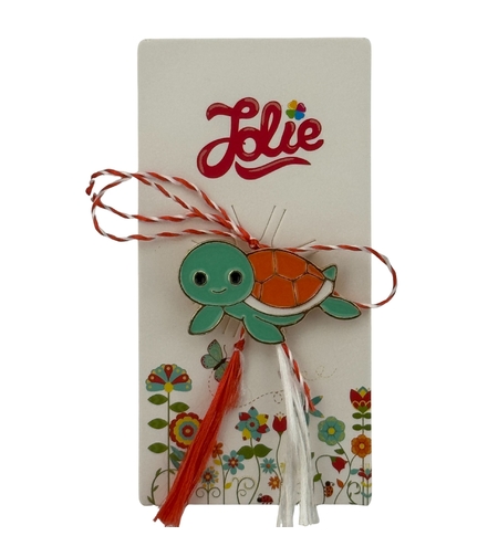 Martisor pentru copii, Jolie, Material Metal, Ambalaj Carton cu Design, Dimensiune Brosa Aproximativ 2x2 cm, Multicolor, Model Broasca Testoasa