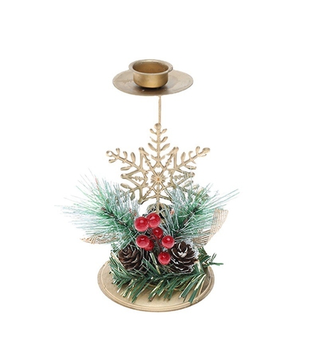 Suport Decorativ pentru Lumanare de Craciun, Flippy, Ornament pentru Lumanare, Model Fulg de Nea Auriu cu Crengute de Brad, din Art Metal, pentru Masa, fara Lumanare, 15 x 8 cm, Auriu
