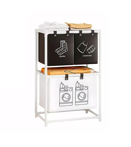 Cos de Rufe, Flippy, cu 2 Etaje, 3 Cosuri, Cadru de Otel Inoxidabil, 97x28x57 cm, Alb