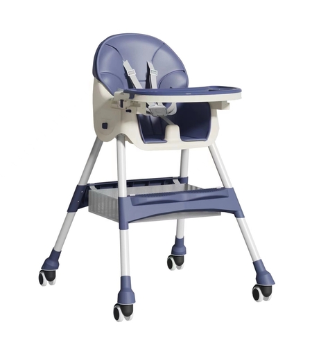 Scaun de Masa pentru Bebelusi si Copii, Flippy, cu Roti, Telescopic, Pliabil, Masuta Reglabila, Suport Picioare, Scaun cu Invelis Piele Artificiala, Centura Siguranta, Spatiu Depozitare, 97x73x65 cm, Albastru