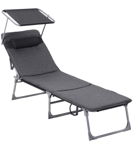 SONGMICS Sezlong pliabil, cu saltea, parasolar si tetiera, spatar reglabil in 4 pozitii, maxim 150kg, 193x53x30 cm, gri
