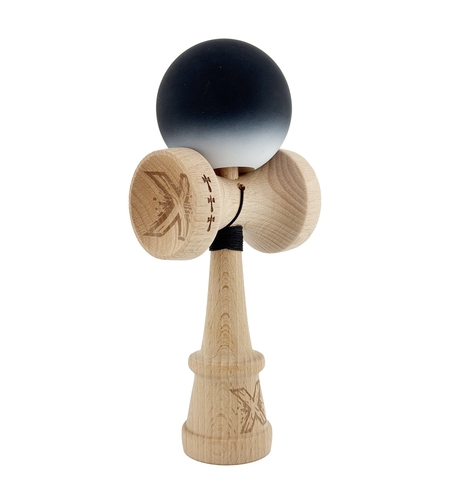 Kendama X Originala, Profesionala, Flippy, Cupe Mari KING SIZE V3, Rubber Grip, Gaura in Baza, Rulment Metalic, din lemn 18 cm, Ata 62/65 cm, Gradient Negru/Alb
