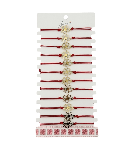 Bratara Martisor pentru Dama, Jolie, Model Trifoi in Contur, Set 12 bucati, Pandativ Auriu din Inox cu Snur Rosu Ajustabil