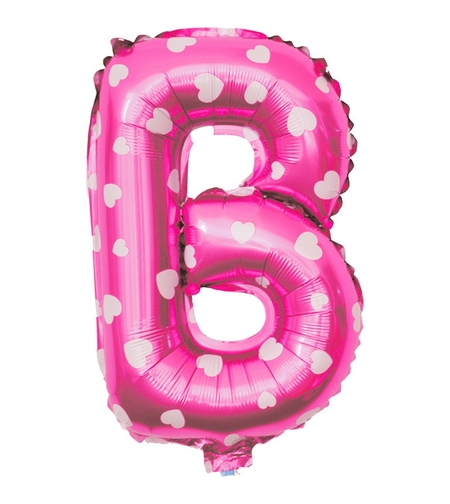 Balon Folie Metalizata Litera B, Flippy, 40 cm, Cu Imprimeu Inimioare, Umflati cu Heliu sau Aer, Ambalaj Individual, Pai inclus, Roz