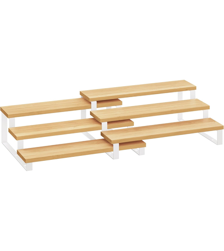 SONGMICS Raft de depozitare extensibil cu 3 nivele, bambus, stivuibil, 32x25x11cm, maro natur si alb