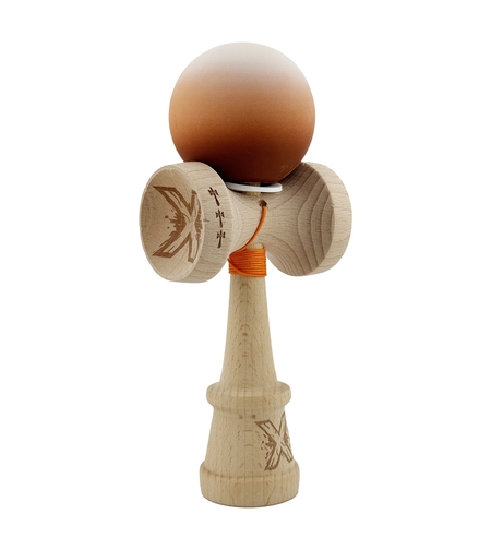 Kendama X Originala, Profesionala, Flippy, Cupe Mari KING SIZE V3, Rubber Grip, Gaura in Baza, Rulment Metalic, din lemn 18 cm, Ata 62/65 cm, Gradient Alb/Maro