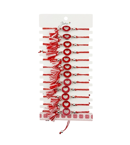 Martisor Bratara cu Ciucure pentru Dama, Jolie, Model Cerc cu Inima, Set 12 bucati, Pandativ din Inox, Snur Reglabil, Rosu/Alb