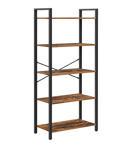 VASAGLE Biblioteca cu 5 etaje din lemn, cadru otel, stil industrial, 30x66x153cm, maro rustic si negru