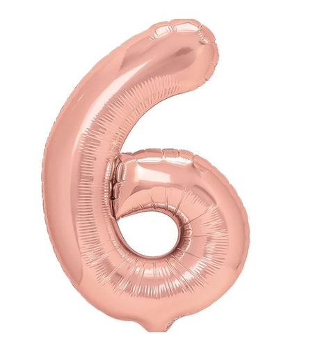 Balon din Folie Metalizata Flippy, Figurina Cifra, Tema Aniversare 40 cm, Ambalaj Individual, Pai inclus, Umflare cu Aer sau Heliu, Roz Gold, Cifra 6
