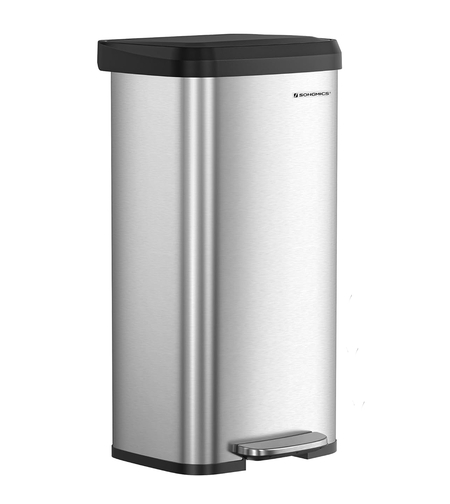 SONGMICS Cos de gunoi din inox, 68 L cu pedala, capac soft close, filtru de carbon pentru neutralizarea mirosurilor, argintiu